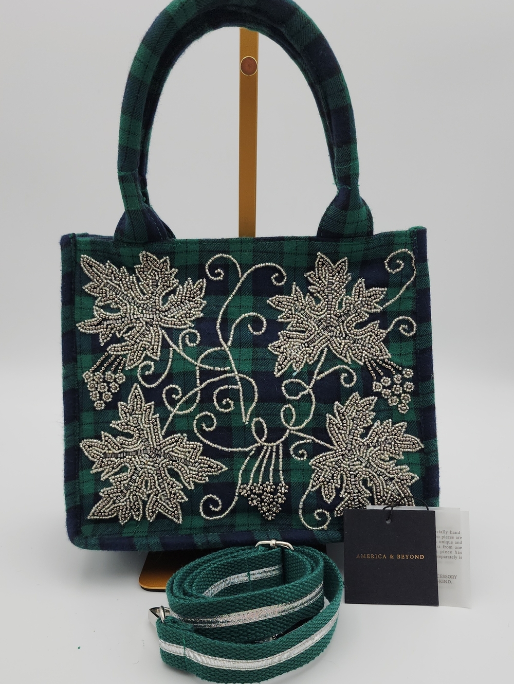 America & Beyond Green Plaid Beaded Tote